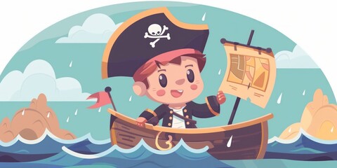 Naklejka premium Cartoon pirate on a boat in the rain.