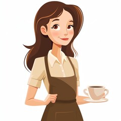 Illustration of a cheerful barista holding a cup of coffee, wearing an apron and smiling warmly, perfect for cafe-related themes.