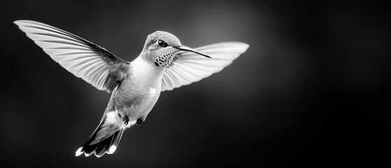 Naklejka premium A black-and-white image of a hummingbird mid-flight, wings fully extended