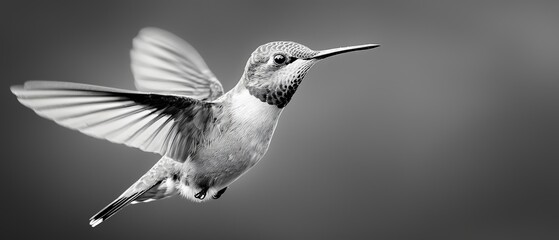 Fototapeta premium A black-and-white image of a hummingbird mid-flight, wings spread widely
