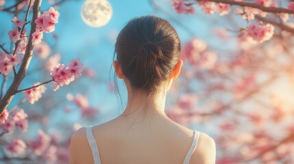 Asian young woman with sakura flowers tree branch and Super moon,pink flower cherry blossom on blue sky,sakura flower in night,apricot flowers,Almond blossom,big fantastic Moon,Romantic night scene.