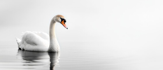 Obraz premium A white swan floats serenely on a lake Nearby, a bird features white and orange feathers, its beak is black, and another part is orange