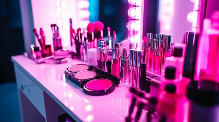 Pink Cosmetics and Skin Care Products on White Vanity Table for Beauty and Makeup Routine Generative AI