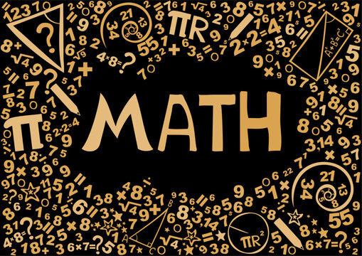 Math. Horizontal banner. Presentation, website. Isolated lettering typography idea with icons. Algebra, geometry, statistics, basic maths. Interesting creative funny math for kids. Vector illustration