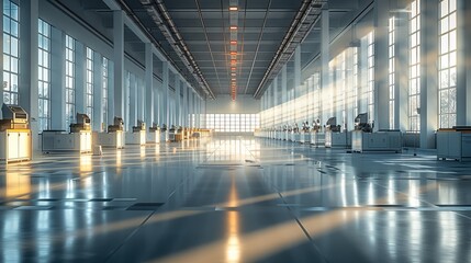 In a vast, gleaming battery handling factory, six-axis robots move with precision. Sunlight streams through large windows, casting long shadows on the polished floor. Generative AI.