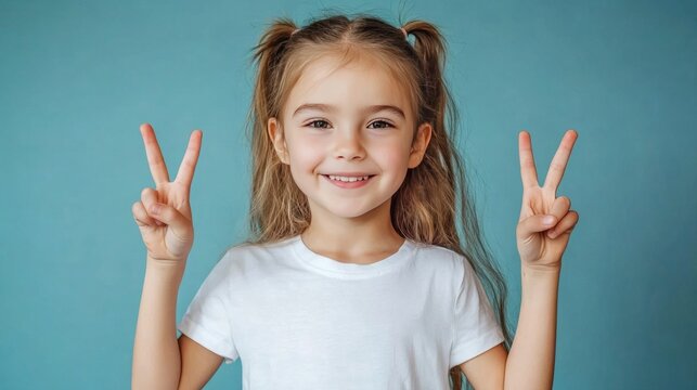 Girl smiles and shows peace sign.