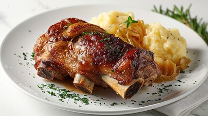 A German pork knuckle, showcasing its crispy, golden-brown skin and tender meat, served with sauerkraut and mashed potatoes on a white background. Generative AI.