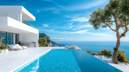 Fototapeta premium Traditional mediterranean white house with pool on hill with stunning sea view. Summer vacation background