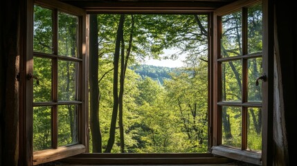 Serene Landscape View Through a Window with Green Trees Generative AI