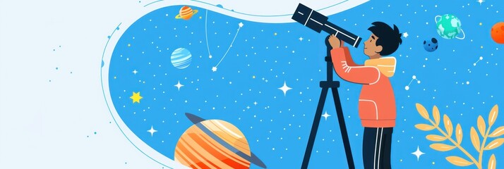 Naklejka premium Young Boy Observes Night Sky With Telescope.