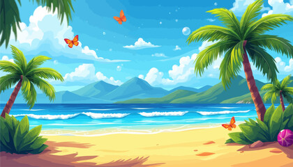Fototapeta premium Vibrant Tropical Beach Scene with Palm Trees, Butterflies, and Ocean Waves