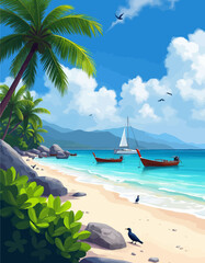 Fototapeta premium Vibrant tropical beach scene with sailboats and birds