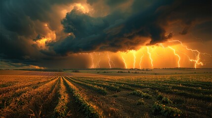 A wide expanse of farmland under a stormy sky with lightning bolts illuminating the fields. Generative AI.