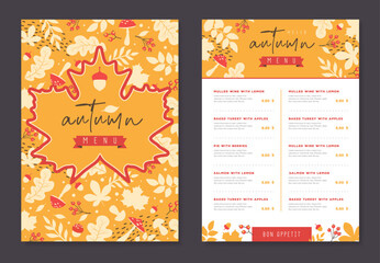 Seasonal Autumn menu design with autumn floral attributes. Vector illustration