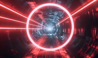 Glowing neon ring light in tunnel. 3d render. Futuristic abstract wallpaper. 