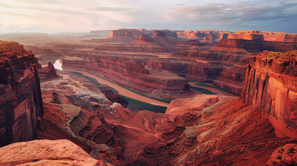 a dramatic desert canyon with steep, red rock walls and a winding river