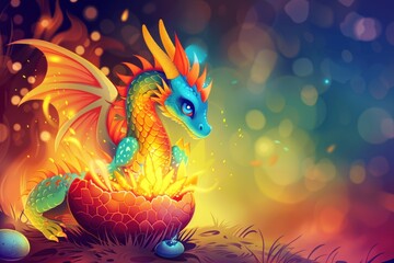 Fantasy Dragon Hatchling Emerging from Egg with Flames.