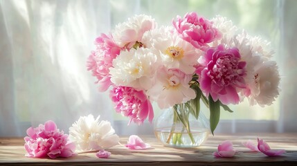 A serene still life features vibrant peonies in a vintage vase, evoking calm and beauty.