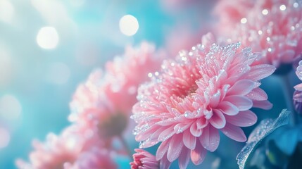 Soft Focus Pastel Pink and Blue Chrysanthemum Flowers with Sunlight Generative AI