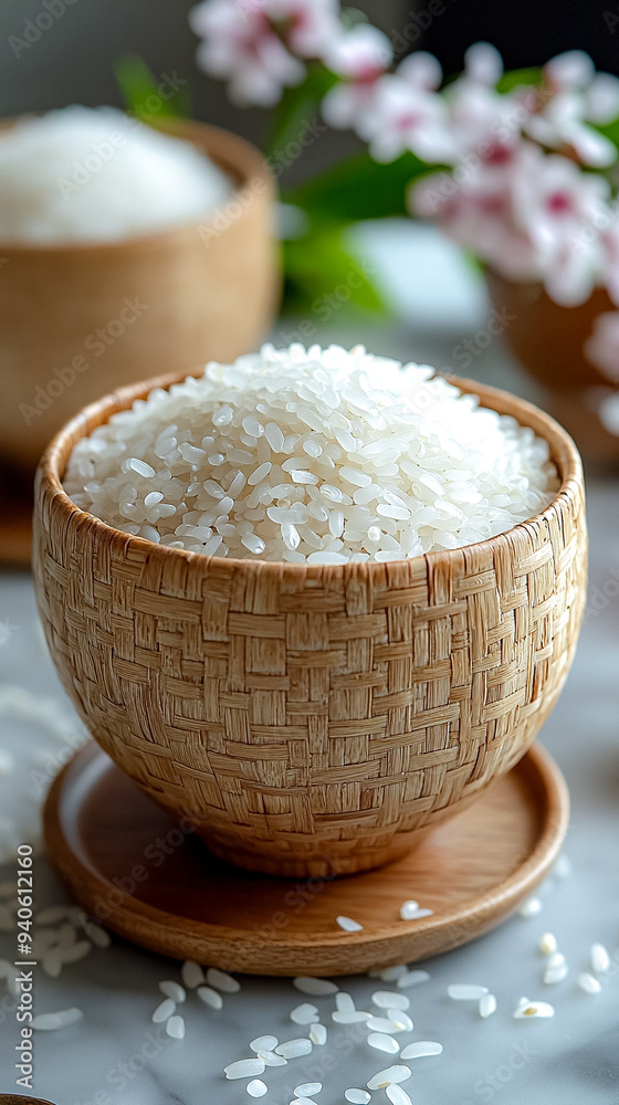 Wall mural a bowl of white rice is sitting on a wooden tray