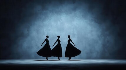 Gothic ballroom, ghostly dancers, phantom presence, 3D illustration
