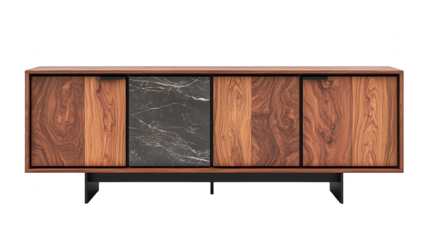 Modern Walnut Wood Cabinet with Black Marble Detail