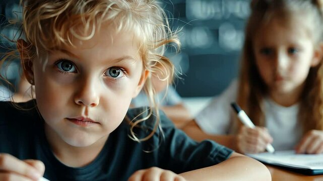 A young girl with blonde hair and blue eyes focuses intently on her schoolwork in a classroom setting.