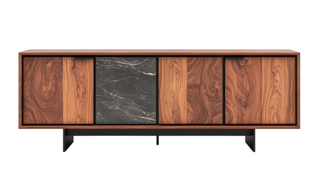 Modern Walnut Wood Cabinet with Black Marble Detail