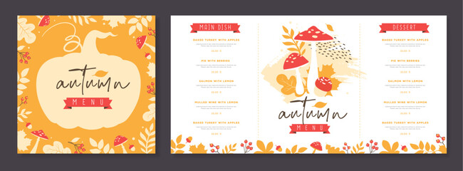 Obraz premium Seasonal Autumn menu design with autumn floral attributes. Vector illustration