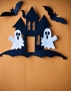 Stylized haunted house with bats and ghosts on a vivid orange background, evoking a playful yet eerie Halloween atmosphere. Perfect for seasonal designs, social media posts, and festive invitations.