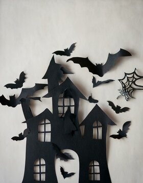 Dark haunted house with flying bats and a spider web on a pale background. Ideal for creating eerie Halloween event posters, themed party invitations, and spooky digital decorations.