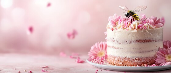  A cake on a plate, with a bee perched atop, and pink flowers in the background ..Or, for a more concise version: