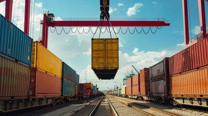 Obraz premium Container lifted by crane for train loading.