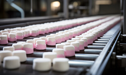 Line of Marshmallows on Conveyor Belt