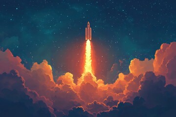 Rocket Launch Through Orange Clouds Against a Starry Night Sky