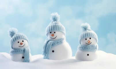 little knitted snowmen on soft snow on blue backgroud