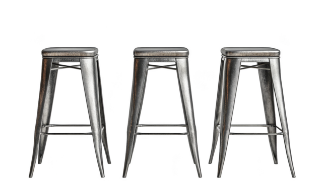 Three metal bar stools in a row transparent background
