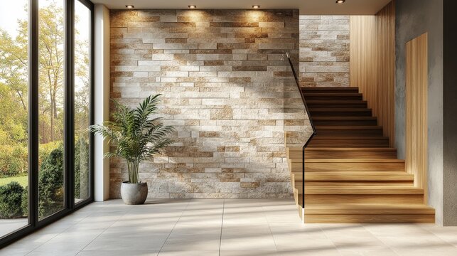 Wooden staircase and stone cladding wall in rustic hallway. Cozy home interior design of modern entrance hall with door