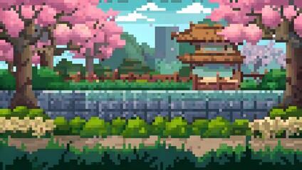 Cherry blossom grove pixel art background. 8-bit game assets