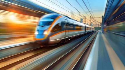 High-speed train speeding on clear day with blur effect.