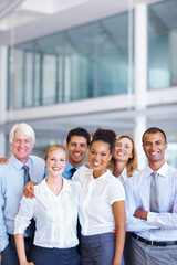 Fototapeta premium Staff, portrait and group embrace in office, diversity collaboration and finance brokers. Business people, coworking support and partnership in trading, workplace cooperation and audit teamwork
