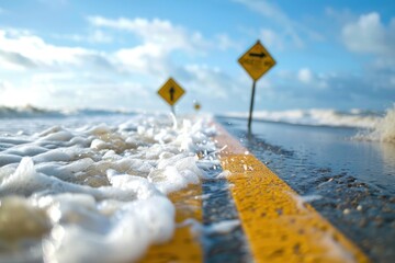 Obraz premium Flooded road with caution signs partially submerged by rising water, against a bright blue sky with fluffy clouds.