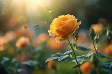 Obraz premium Beautiful close-up of a vibrant orange rose bathed in warm sunlight, with a soft background of additional roses in full bloom and hovering bees.