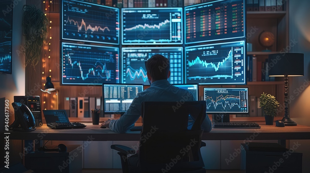 Poster A professional forex trader desk. Multiple monitors display various forex charts and data, including bar charts and line graphs. A trader is seated at the desk, analyzing the screens intently.