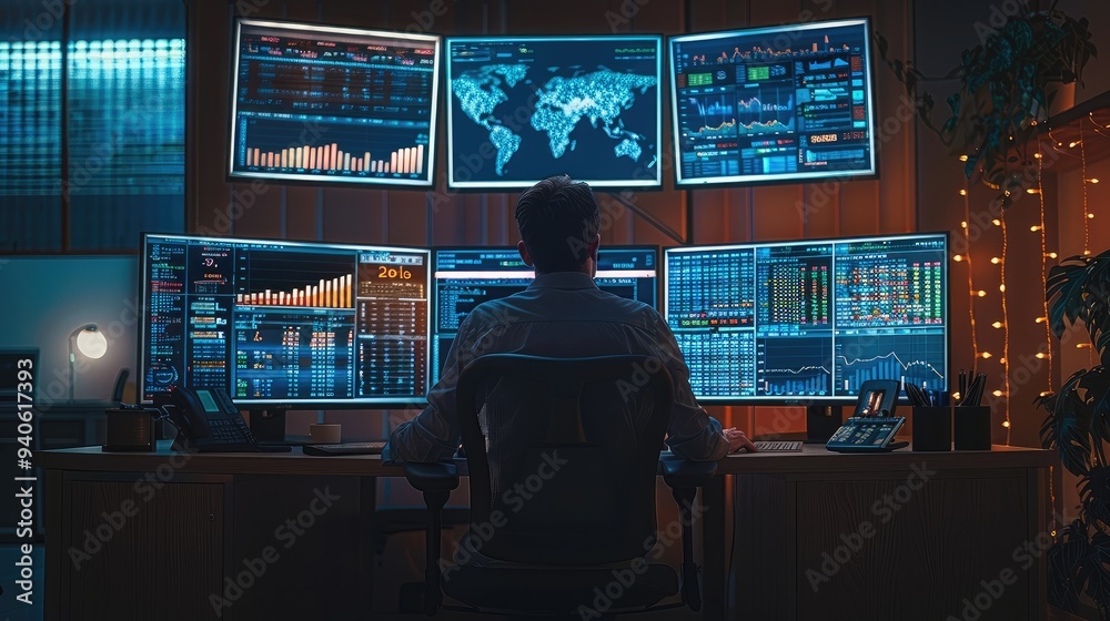 Poster A professional forex trader desk. Multiple monitors display various forex charts and data, including bar charts and line graphs. A trader is seated at the desk, analyzing the screens intently.