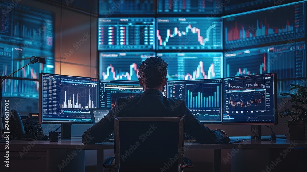 Fototapete A professional forex trader desk. Multiple monitors display various forex charts and data, including bar charts and line graphs. A trader is seated at the desk, analyzing the screens intently.