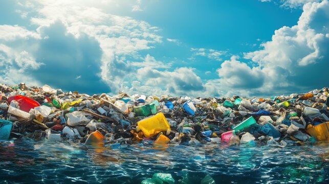 Ocean Pollution with Floating Plastic Waste. Pile of colorful plastic waste floating in the ocean, illustrating the severe issue of water pollution and marine litter.