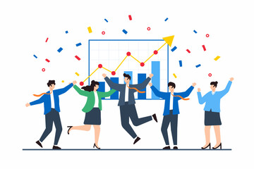 Flat illustration of team celebrating business growth milestone with confetti and chart