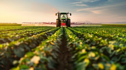 Tractor applying pesticides to soybean field, farming.