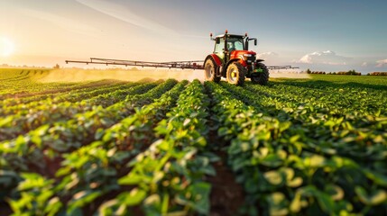 Tractor spraying fertilizer on soybean crops, agriculture.